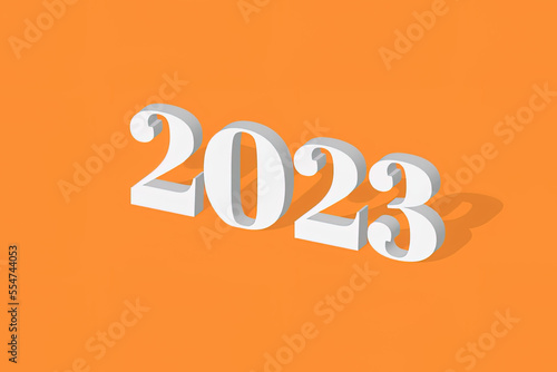 2023 white 3D sign on orange background with a shadow