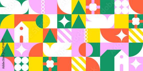 Festive geometric mosaic seamless pattern illustration with colorful abstract shapes. Christmas season background print. Scandinavian minimalist shape texture, retro geometry collage.