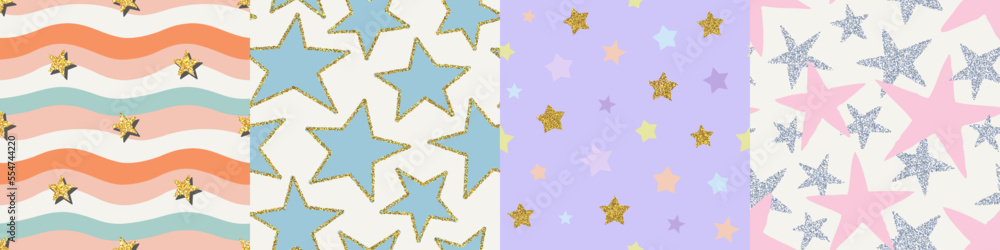 Retro gold glitter star seamless pattern set. Collection of vintage y2k background with pastel color stars. Luxury party celebration print, birthday wrapping paper bundle. Retro gold glitter star seamless pattern set. Collection of vintage y2k background with pastel color stars. Luxury party celebration print, birthday wrapping paper bundle.
