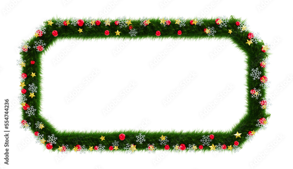 Beautiful christmas wreath in the shape of beveled rectangle with snowflake and shiny stars and orbs on transparent background (RGBA 3D Rendering PNG) Beautiful christmas wreath in the shape of beveled rectangle with snowflake and shiny stars and orbs on transparent background (RGBA 3D Rendering PNG)