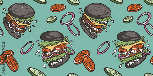 Seamless pattern with burger with meat, cheese and vegetable for design of label, banner or poster. Fast food with bun, lettuce, cheese, tomato, onion, cutlet