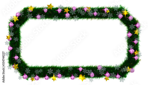 Beautiful christmas wreath in the shape of beveled rectangle with snowflake and shiny stars and orbs on transparent background (RGBA 3D Rendering PNG) © A
