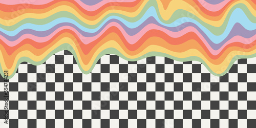 Retro rainbow dripping on black and white checkered background. Trendy distorted colorful texture in vintage y2k style. Psychedelic hippie pattern, trippy acid poster.
