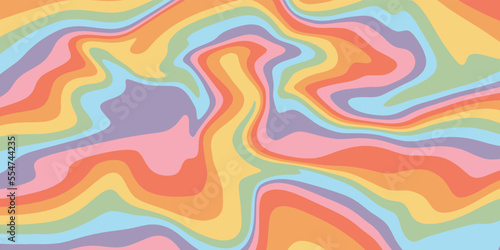 Retro rainbow wavy background illustration. Trendy distorted colorful texture in vintage y2k style. Psychedelic hippie pattern, liquid swirl poster.