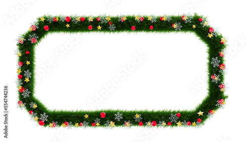 Beautiful christmas wreath in the shape of beveled rectangle with snowflake and shiny stars and orbs on transparent background (RGBA 3D Rendering PNG) © A