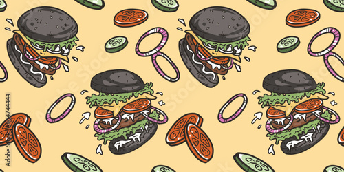 Seamless pattern with burger with meat, cheese and vegetable for design of label, banner or poster. Fast food with bun, lettuce, cheese, tomato, onion, cutlet