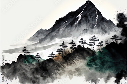 Minimalistic mountain watercolor landscape isolated on white background. AI