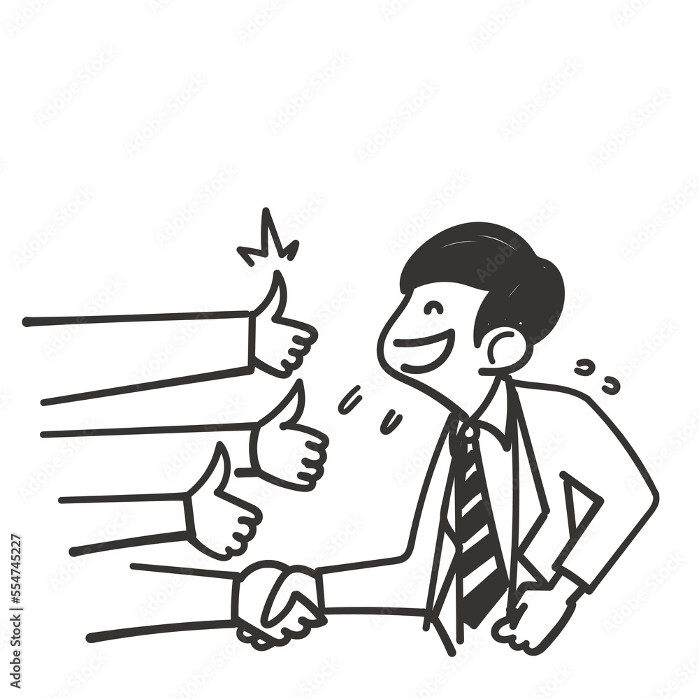 hand drawn doodle Character congratulates colleague for successful project or deal illustration