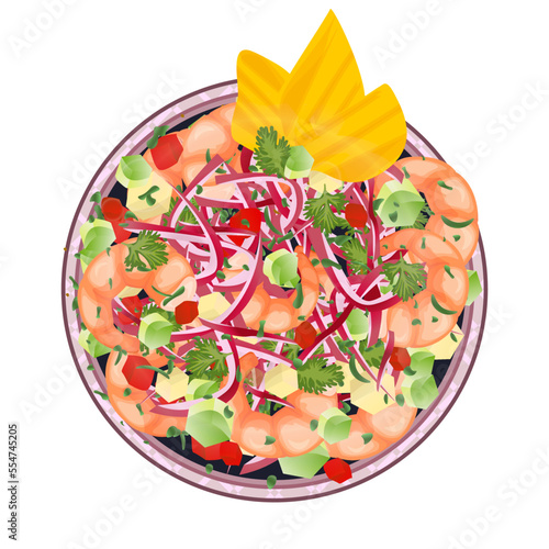 Shrimp Ceviche served on plate. Latin American food top view. Colorful vector illustration isolated on white background.