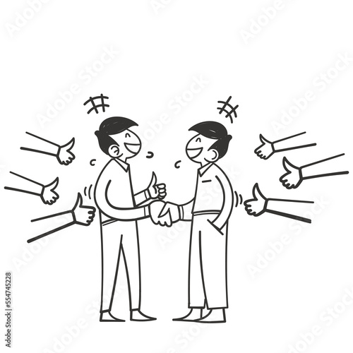 hand drawn doodle Character congratulates colleague for successful project or deal illustration