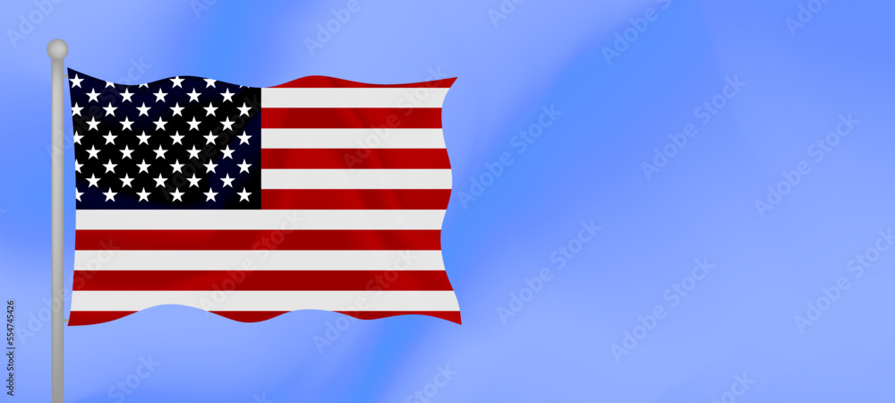 Flag of United States waving against the blue sky. Horizontal banner design with USA flag with copy space. Vector illustration Flag of United States waving against the blue sky. Horizontal banner design with USA flag with copy space. Vector illustration