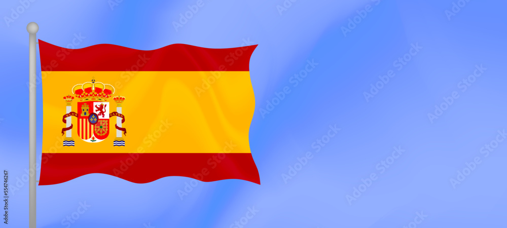 Naklejka premium Flag of Spain waving against the blue sky. Horizontal banner design with Spain flag with copy space. Vector illustration