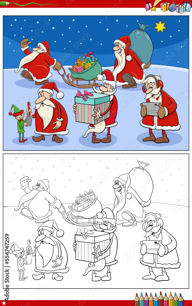 Fototapeta premium cartoon Santa Claus Christmas characters coloring page