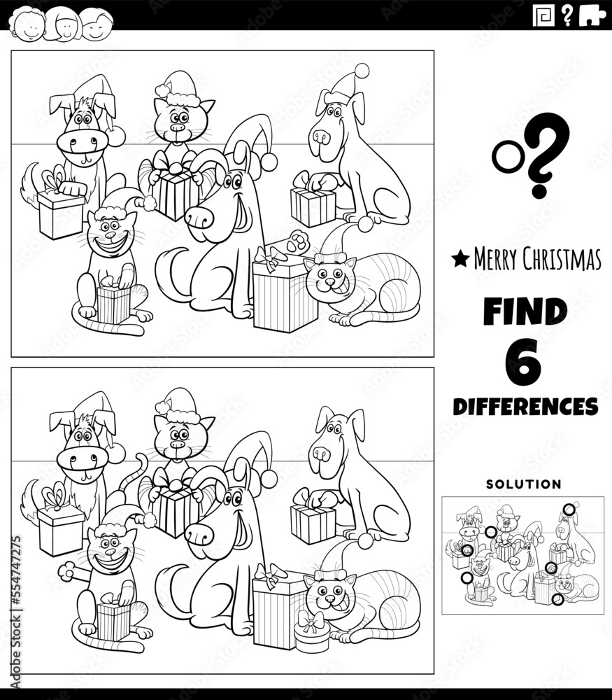 Fototapeta premium differences task with pets on Christmas coloring page