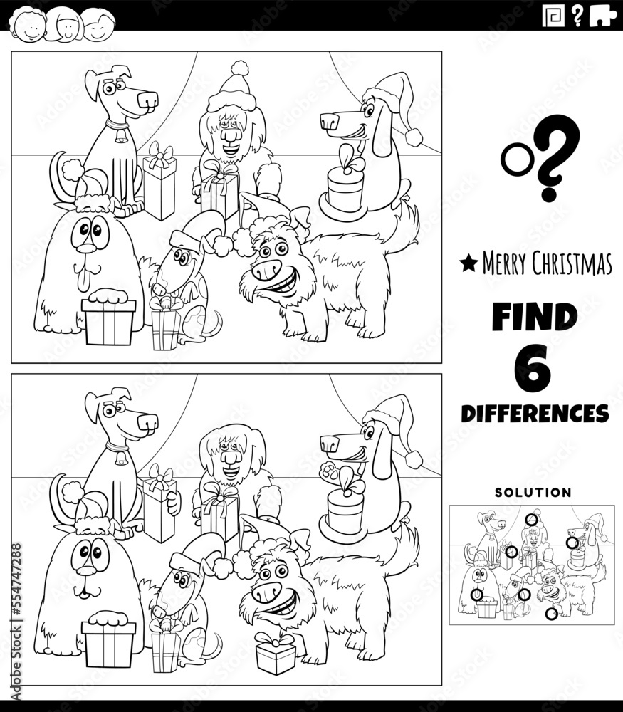 differences task with dogs on Christmas coloring page differences task with dogs on Christmas coloring page