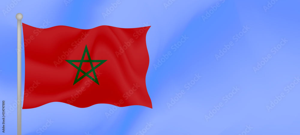 Flag of Morocco waving against the blue sky. Horizontal banner design with Morocco flag with copy space. Vector illustration Flag of Morocco waving against the blue sky. Horizontal banner design with Morocco flag with copy space. Vector illustration