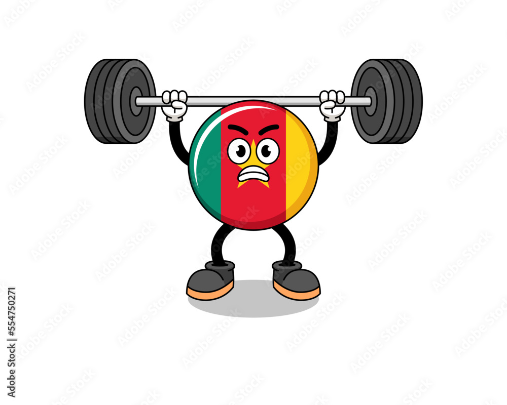 cameroon flag mascot cartoon lifting a barbell