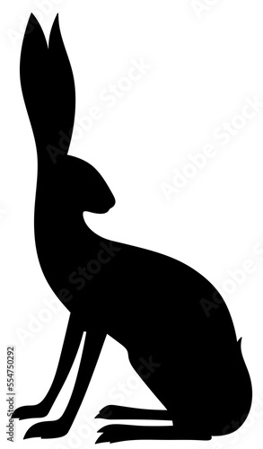 Hare silhouette. Isolated black illustration of a rabbit with big ears. Symbol of 2023.