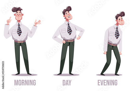 Morning day and evening office workers condition abstract design element concept illustration set