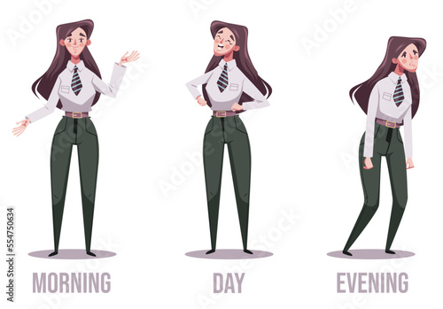 Morning day and evening office workers condition abstract design element concept illustration set