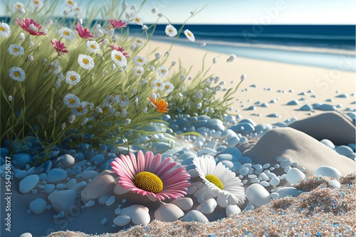 Summer by the white sand beach with many brilliant chrysanthemums