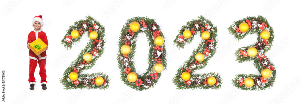 Boy Santa Claus and 2023 christmas number