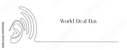 One continuous line drawing of human ear. Icon Symbol of hear health and sensory aid in simple linear style. Outline concept for world deaf day in editable stroke. Vector illustration
