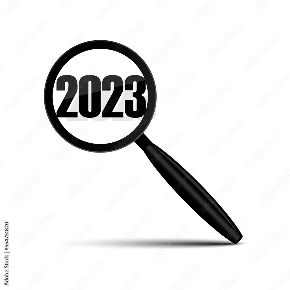 Magnifier 2023. 2023 year. Magnifying glass. Vector illustration. Stock image. Magnifier 2023. 2023 year. Magnifying glass. Vector illustration. Stock image.