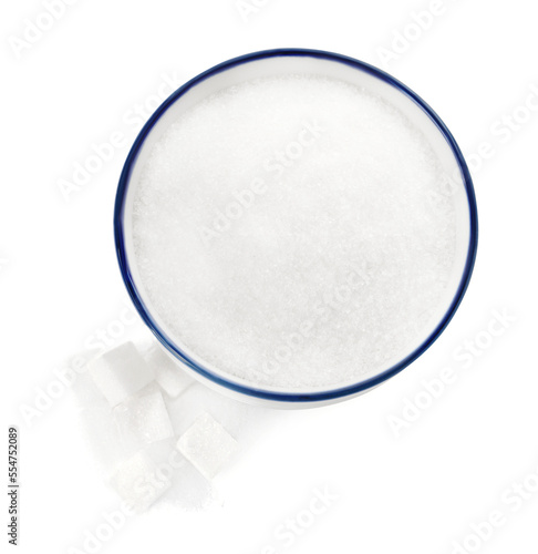 Granulated and cubed sugar with bowl on white background, top view