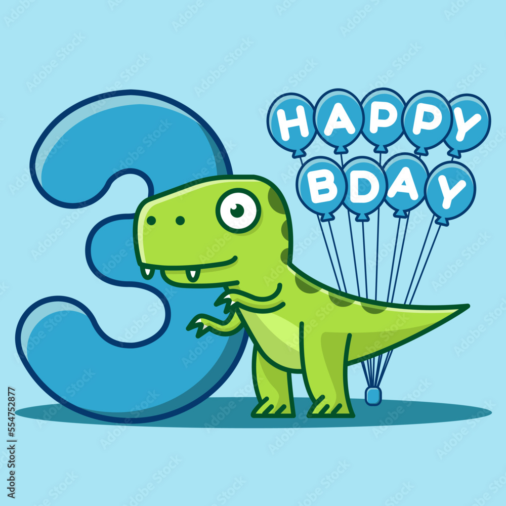 Happy 3rd Birthday. Cute invitation card with dinosaur and balloons. Happy 3rd Birthday. Cute invitation card with dinosaur and balloons.