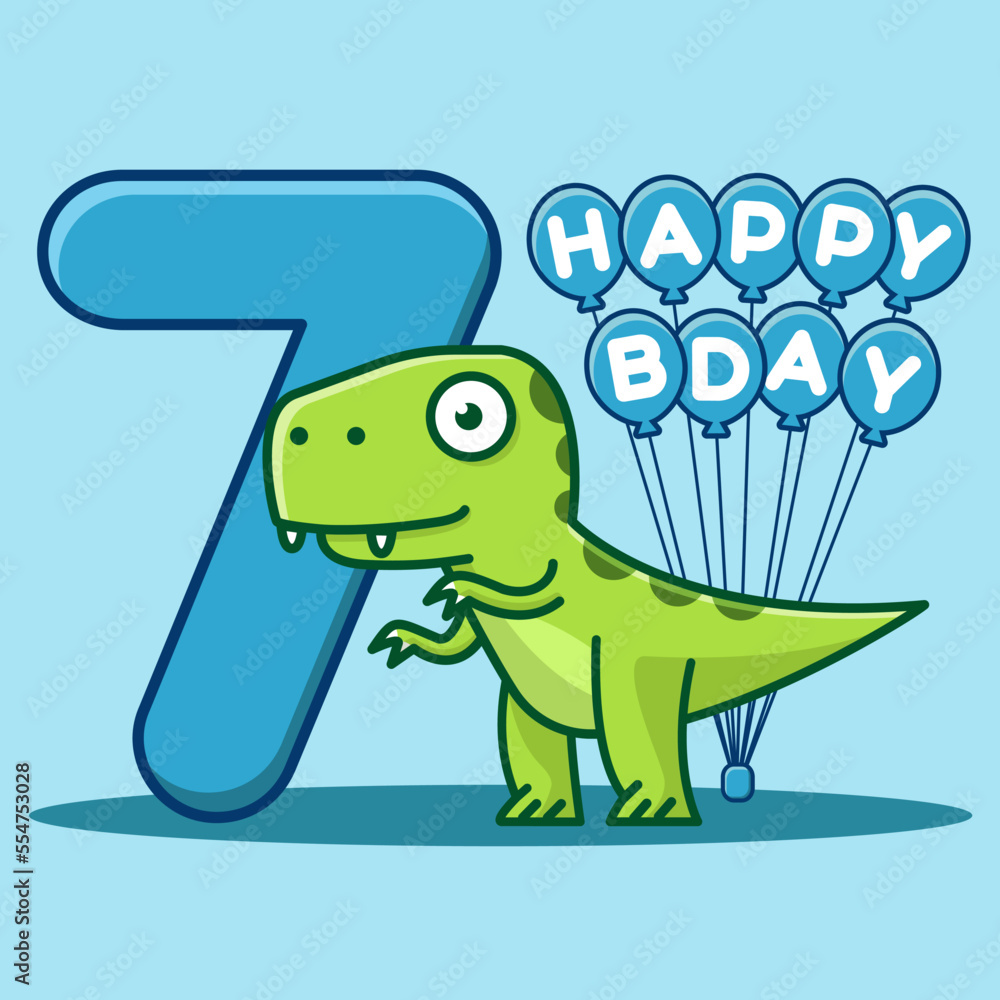Obraz premium Happy 7th Birthday. Cute invitation card with dinosaur and balloons.