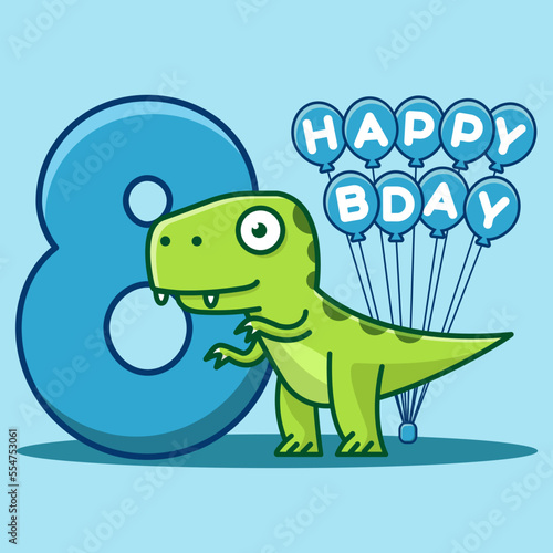 Happy 8th Birthday. Cute invitation card with dinosaur and balloons.