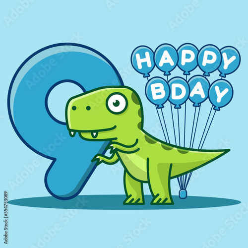 Happy 9th Birthday. Cute invitation card with dinosaur and balloons.