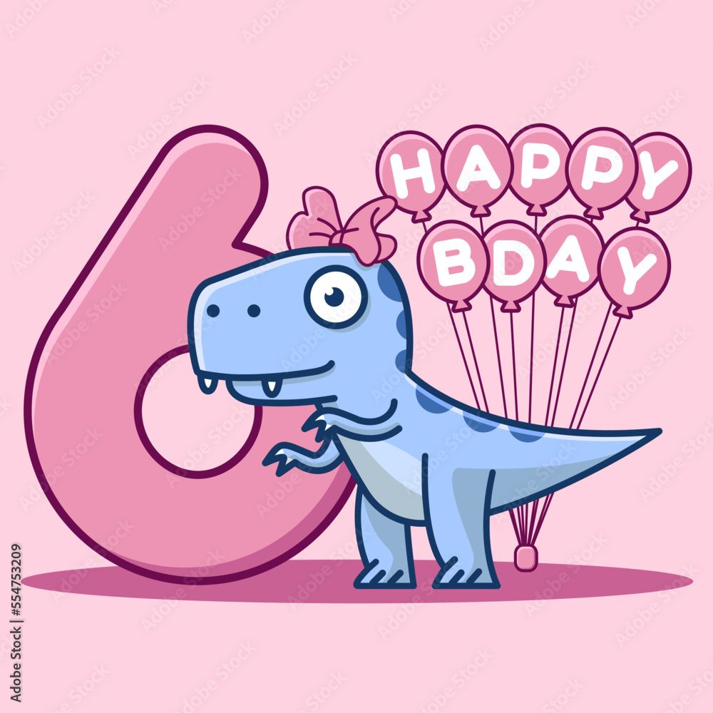 Cute dinosaur with bow 6th birthday invitation card with balloons