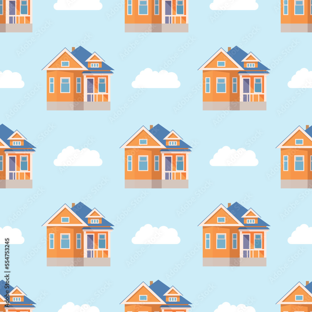 Blue pattern of houses and clouds in cartoon style for print and decoration. Vector illustration.