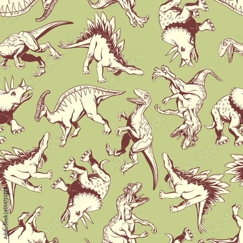 Dinosaur pattern on green background in hand drow style for print and design. Vector illustration.