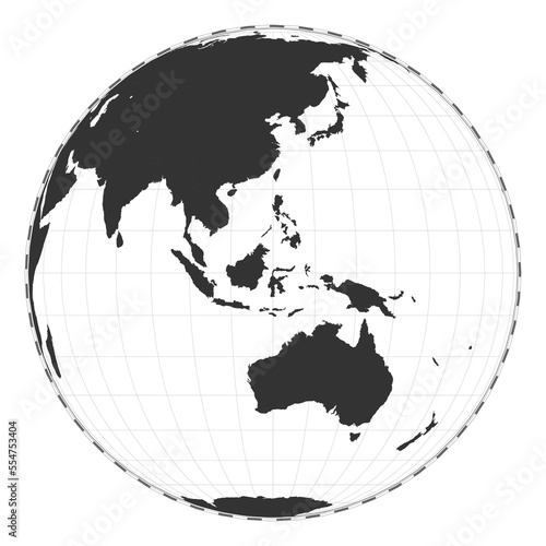 Vector world map in orthographic projection. A plain geographical map with latitude and longitude lines, centered at 120 degrees west longitude.