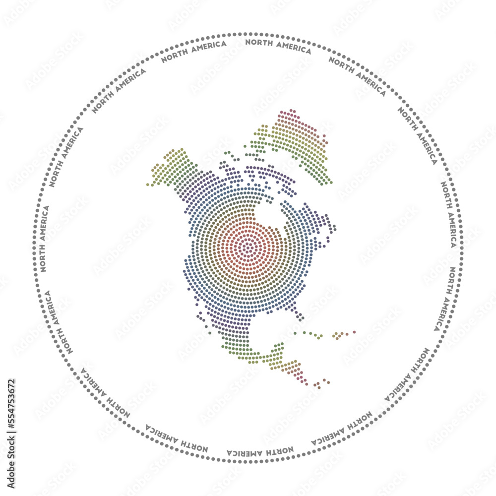 North America round logo. Digital style shape of North America in dotted circle with continent name. Tech icon of the continent with gradiented dots. Astonishing vector illustration. North America round logo. Digital style shape of North America in dotted circle with continent name. Tech icon of the continent with gradiented dots. Astonishing vector illustration.