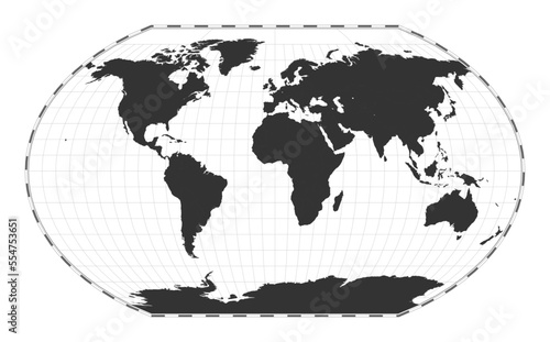 Vector world map. Kavrayskiy VII pseudocylindrical projection. Plain world geographical map with latitude and longitude lines. Centered to 0deg longitude. Vector illustration.