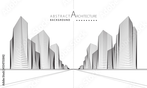 3D illustration, abstract modern urban landscape line drawing, imaginative architecture building construction perspective design.