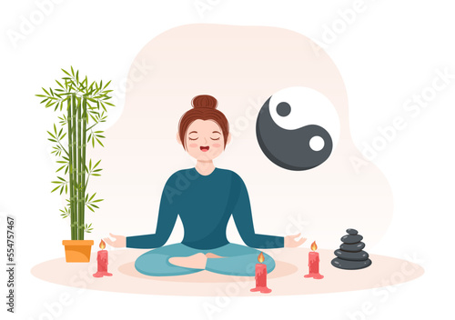 Feng Shui Oriental Philosophy with Stones, People and Plants for Positive Energy of Five elements in Flat Cartoon Hand Drawn Templates Illustration