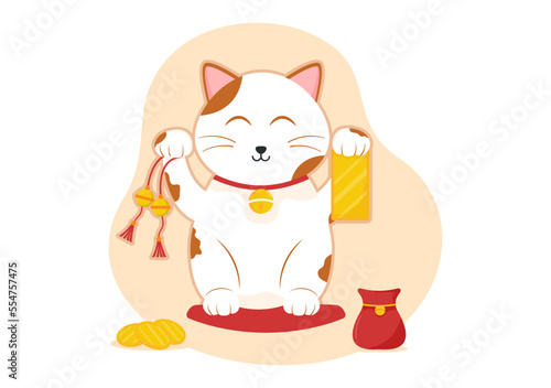 Feng Shui Oriental Philosophy with Cute Cat and Plants for Positive Energy of Five elements in Flat Cartoon Hand Drawn Templates Illustration