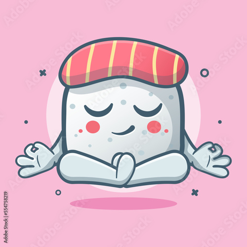 calm sushi food character mascot with yoga meditation pose isolated cartoon in flat style design
