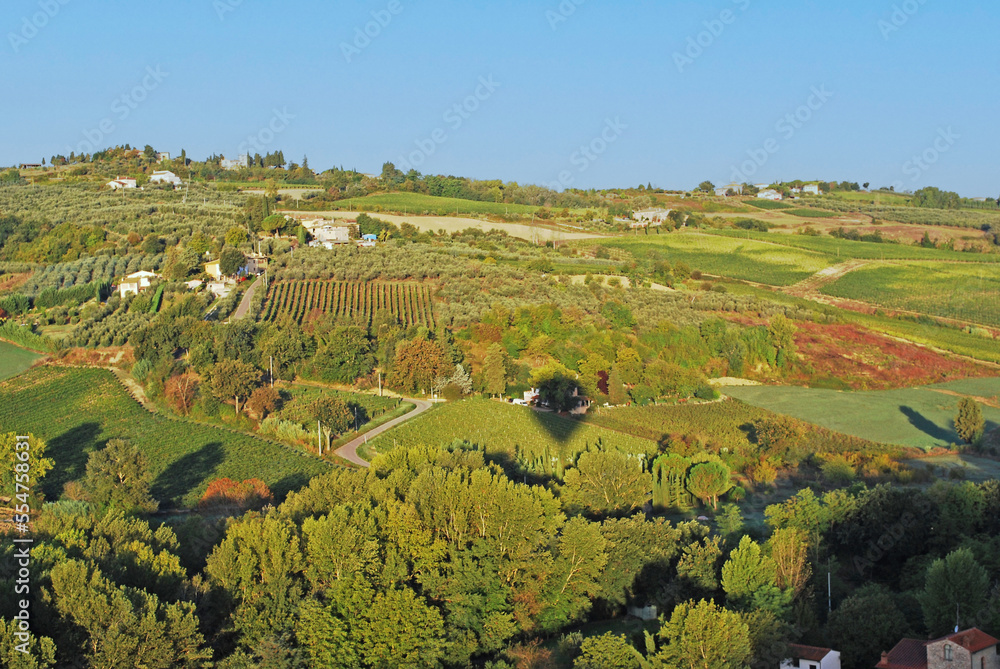 The shadow of a hot air balloon is cast across a vineyard, over Tuscany, Italy.