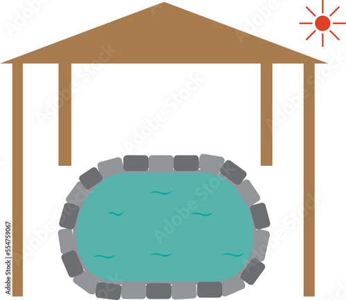 屋根付きの露天風呂があるイラスト・温泉旅館・岩風呂