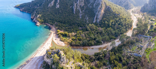 Fototapeta Naklejka Na Ścianę i Meble -  Panoramic drone view of Olympos Ancient City and Olympos beach on sunny winter day. Turkey.