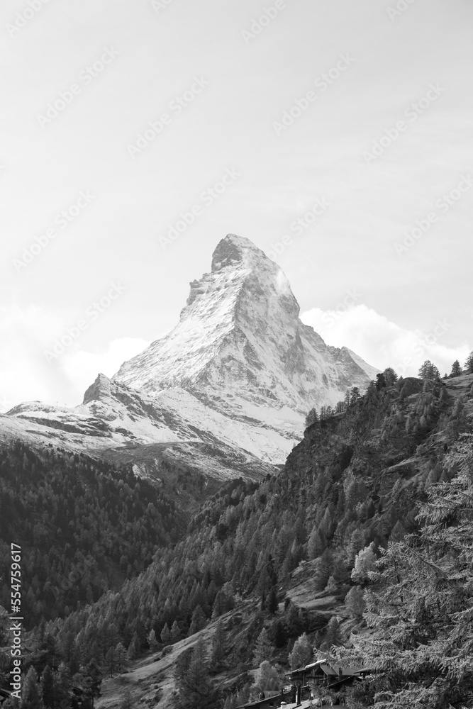 Black and white photo of Matterhorn from Zermatt, Switzerland