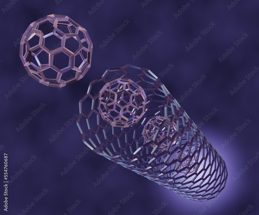 fullerene buckyballs inside of the carbon nanotube 3d rendering Stock ...