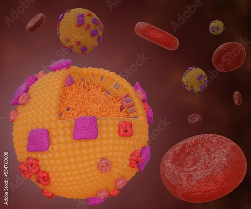Chylomicrons or ultra low-density lipoproteins or ULDL in the blood vessel flow with red blood cells 3d rendering photo