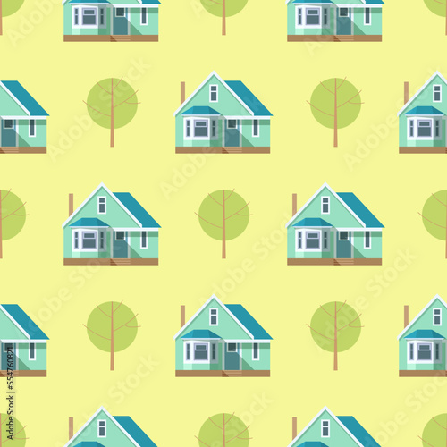 Pattern of trees and houses on a yellow background in cartoon style for print and design. Vector illustration.